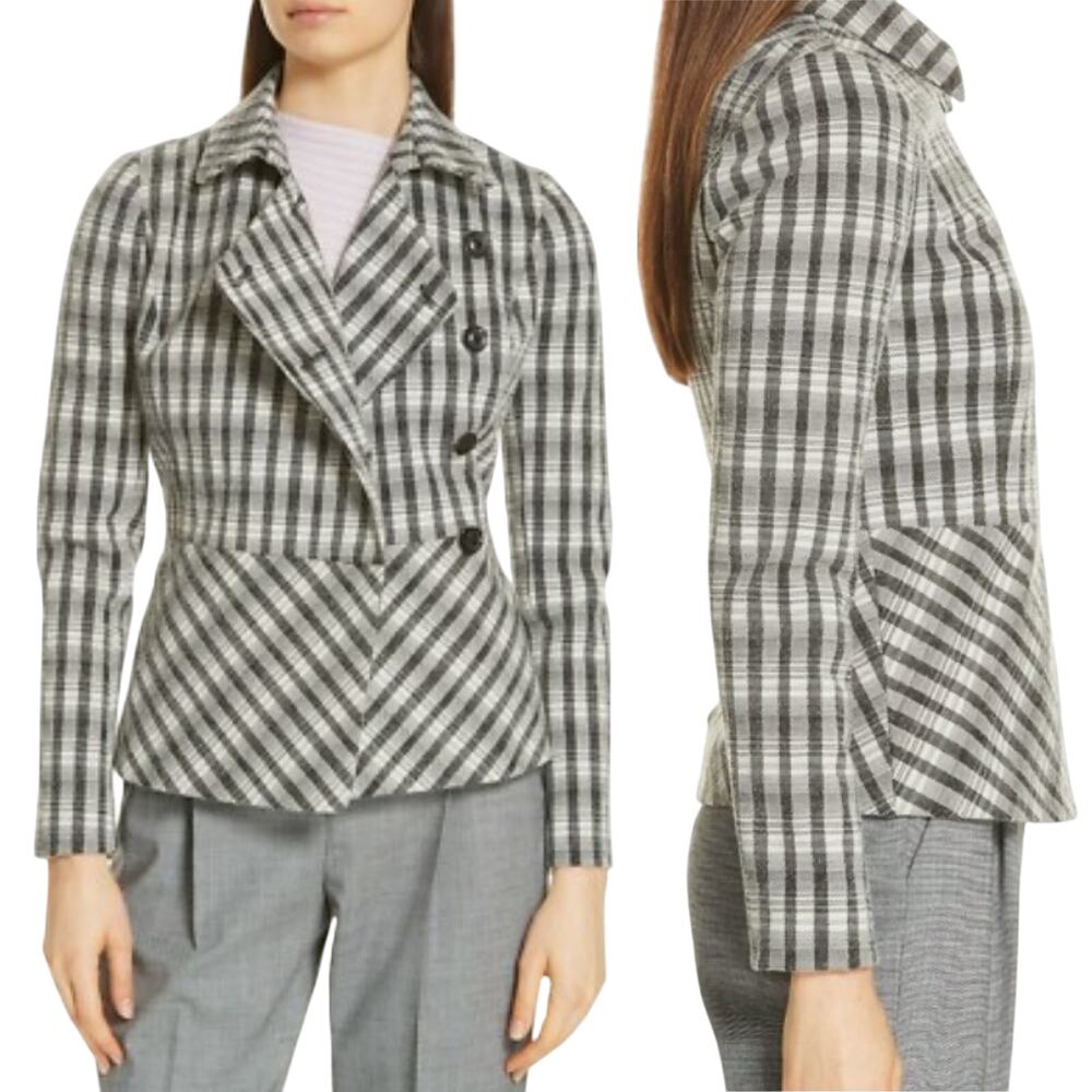 Lewit Chandler Plaid Peplum Jacket Blazer Wool Blend Black Beige Womens Medium
